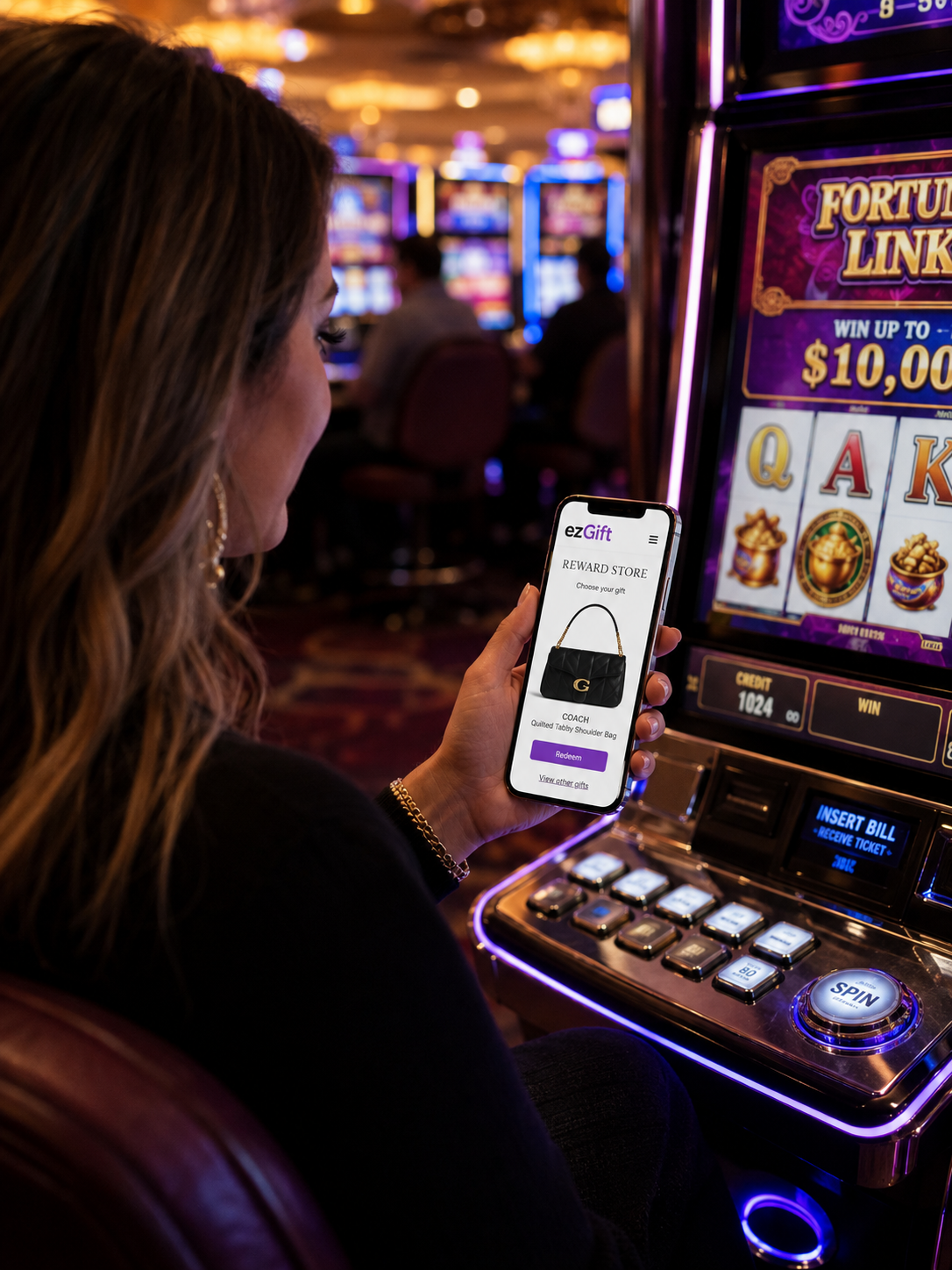 A player redeeming a gift from the ezGift mobile store on her phone, right at the slot machine